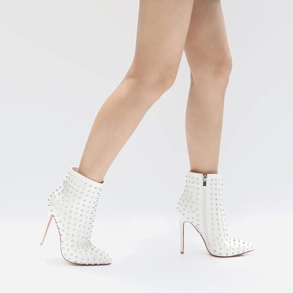 Women's White Rhinestone Ankle Boots with Rivets Pointed Toe Stilettos Heel - Picture 7 of 7